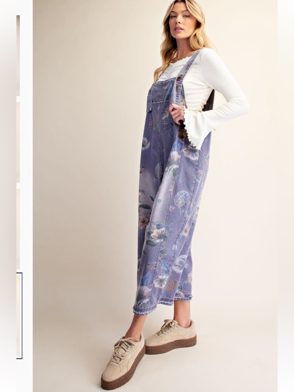354 EASEL FLOWER PRINTED WASHED DENIM OVERALLS - Picture 2 of 4